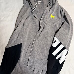 Gray and Black Zip-Up Hoodie with neon Yellow Logo